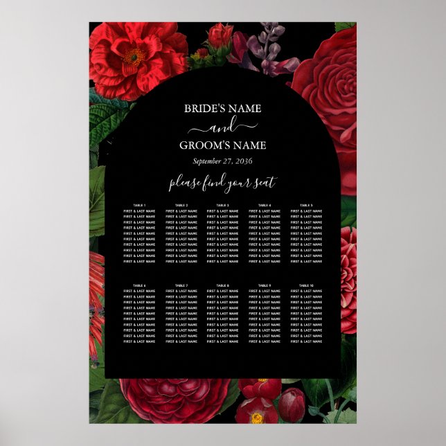 Moody Florals Black Burgundy Wedding Chart Poster (Vorne)