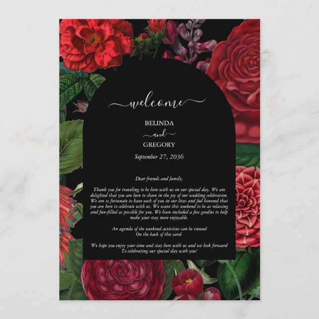 Moody Florals Burgundy Wedding Itinerary Program Programm (Vorderseite)