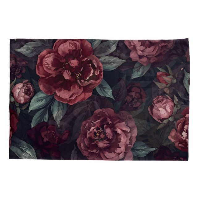 Moody Florals Watercolor Dark Red Pattern Kissenbezug (Rückseite)