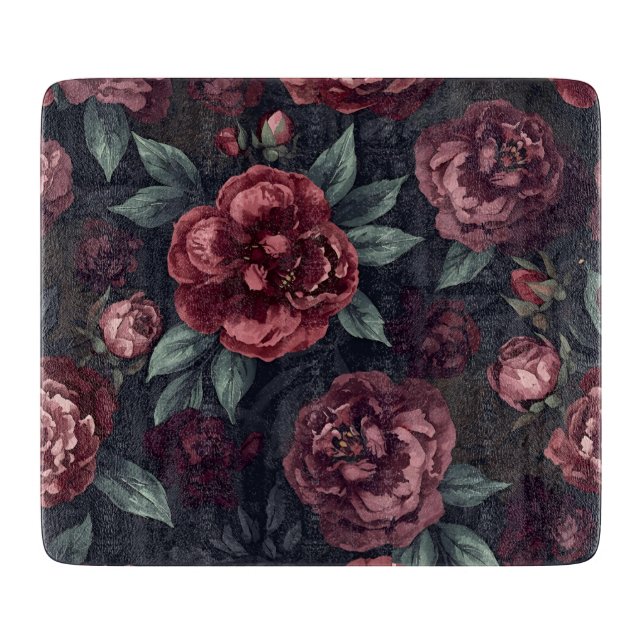 Moody Florals Watercolor Dark Red Pattern Schneidebrett (Vorderseite)