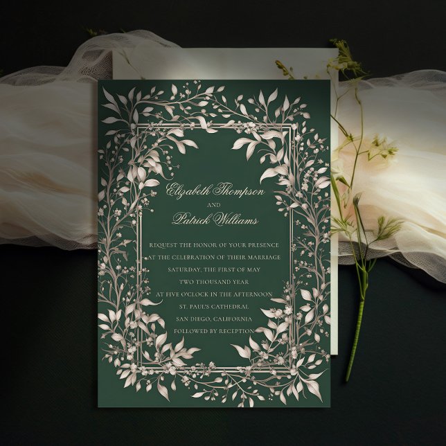 Moody Forest Botanical Emerald Classic Wedding Einladung (moody forest wedding invitation botanical frame dark green vintage elegant classic traditional )