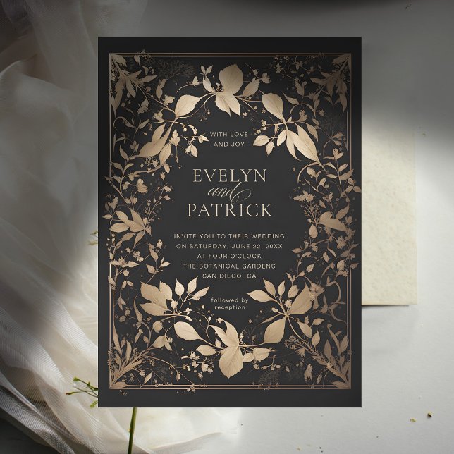 Moody Forest Botanical Modern Classic Gold Wedding Einladung (moody forest wedding invitation botanical frame dark gold elegant modern classic woodland fairy)