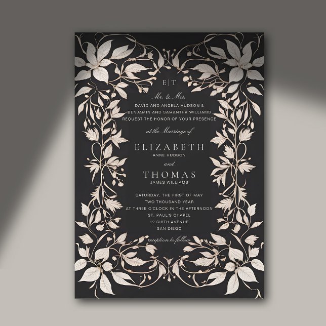 Moody Forest Botanical Monogram Classic Wedding Einladung (moody forest wedding invitation dark romance black white elegant classic formal botanical frame)