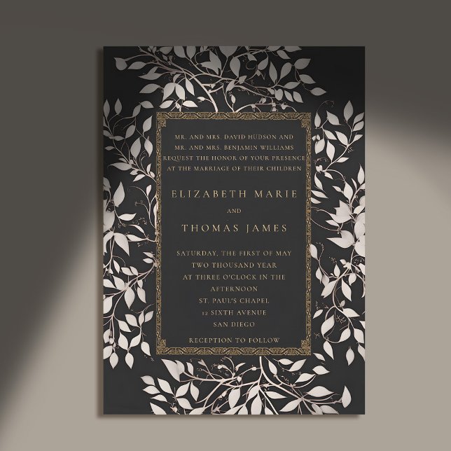 Moody Forest Patina Traditionelle klassische Hochz Einladung (moody forest wedding invitation botanical frame black white gold elegant classic traditional parents)