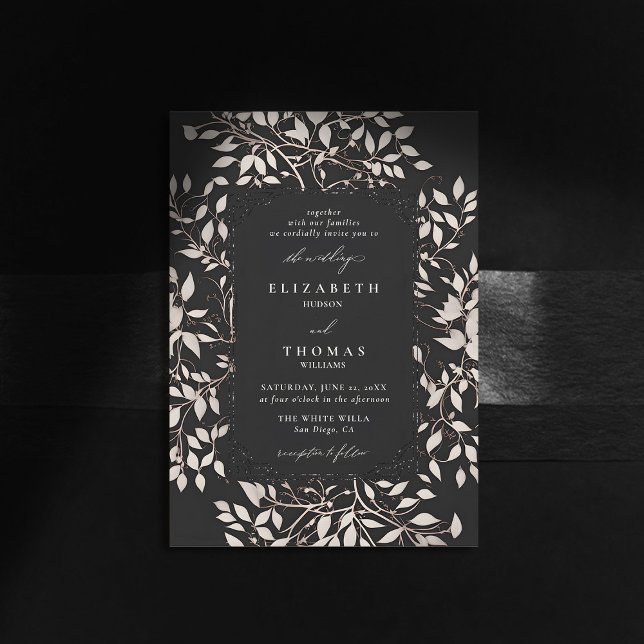 Moody Forest Schwarz-weiß Moderne klassische Hochz Einladung (moody forest wedding invitation botanical frame black white elegant modern classic whimsical)