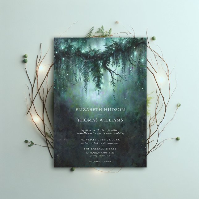 Moody Forest verzaubert Blue Modern Dark Wedding Einladung (moody forest wedding enchanted fairy tale faerie woodland magical bespoke elegant blue modern)
