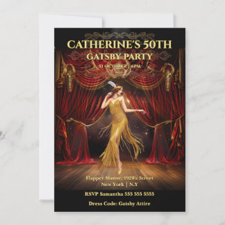 Moody Gatsby Red Gold 50th Birthday Invite Einladung