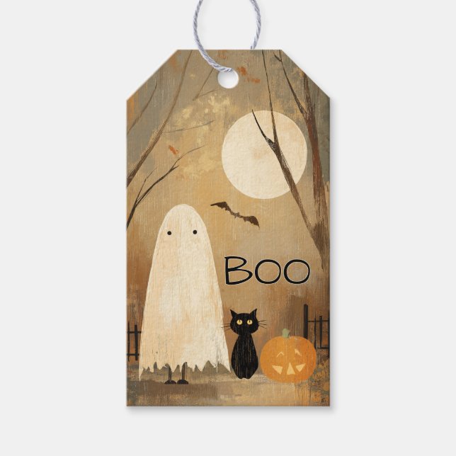 Moody Ghost und Black Cat Vintages Halloween Geschenkanhänger (Vorderseite)
