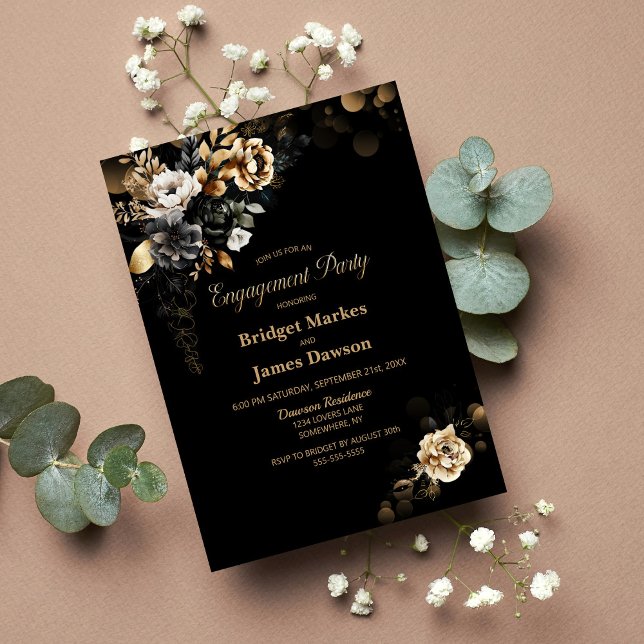 Moody Gold Floral Black Engagement Party Einladung (Von Creator hochgeladen)