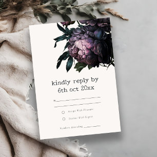 Moody Gothic Dark Lila Black Peony Wedding RSVP Karte