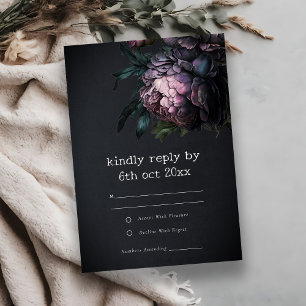 Moody Gothic Dark Lila Black Peony Wedding RSVP Karte
