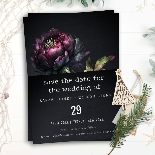 Moody Gothic Dark Purple Black Peony Wedding Save The Date (Von Creator hochgeladen)