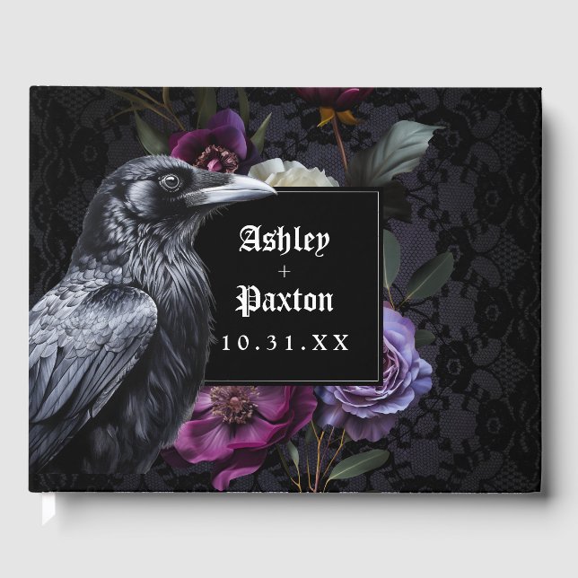 Moody Gothic Floral Bouquet auf Black Lace w/Raven Gästebuch (Vorderseite)