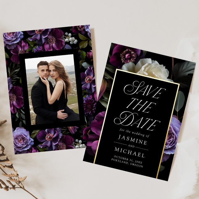 Moody Gothic Floral Photo Foil Save the Date Card Folieneinladung (Von Creator hochgeladen)