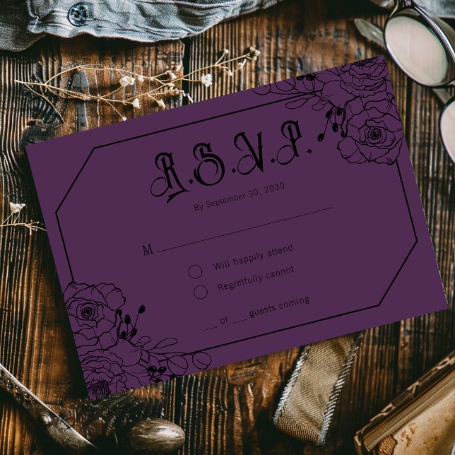 Moody Gothic Floral Wedding Lila RSVP Cards (Von Creator hochgeladen)