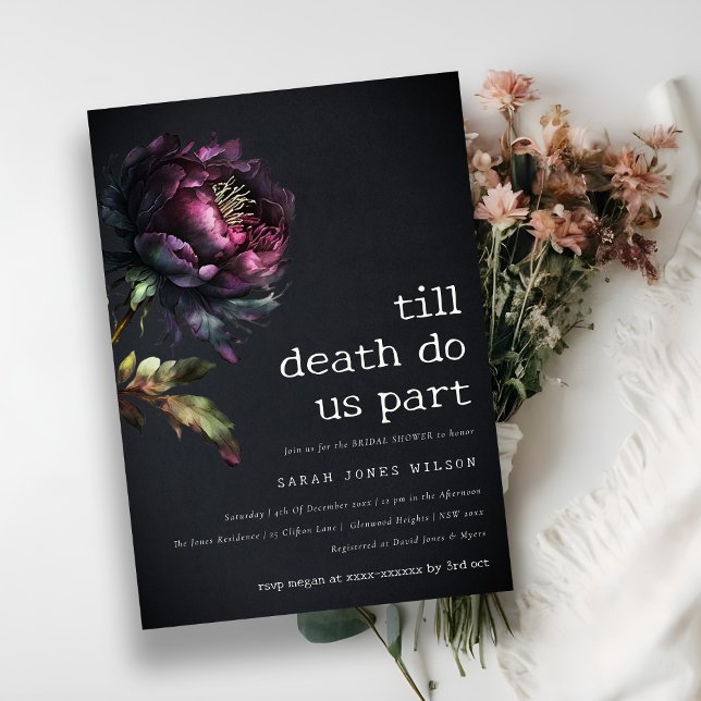 Moody Gothic Lila Black Peony Brautparty Einladung (Von Creator hochgeladen)