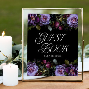 Moody Gothic Lila Floral Wedding Guest Book Sign Poster