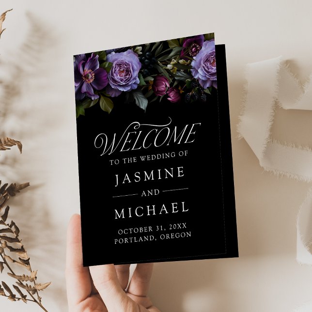 Moody Gothic Lila Floral Wedding Program Programm (Von Creator hochgeladen)
