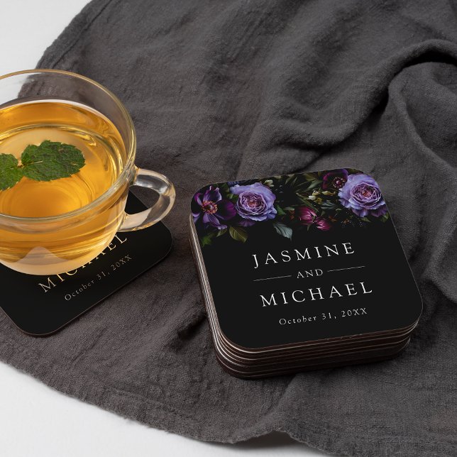 Moody Gothic Lila Floral Wedding Rechteckiger Pappuntersetzer (Von Creator hochgeladen)