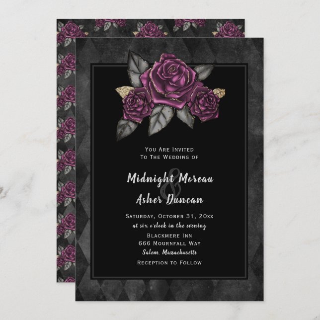 Moody Gothic Rose Black Wedding Einladung (Vorne/Hinten)
