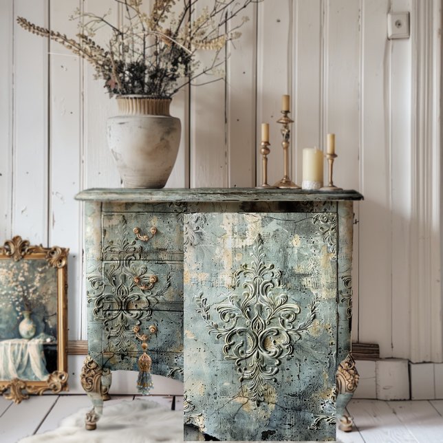 Moody Gray Embossed Demask Textured Effect Seidenpapier (Dark Moody Elegant, Embossed Demask, Tattered effect, shabby chic, rustic, background)