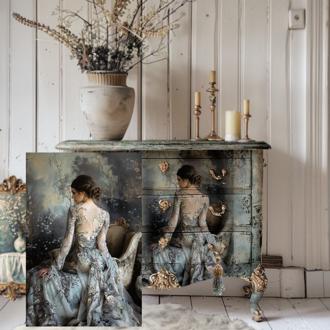 Moody Grays Ethereal Portrait Elegante Frau Seidenpapier (Dark Moody Romantic, Elegant Woman's Back Portrait Art, Decoupage Tissue Paper)