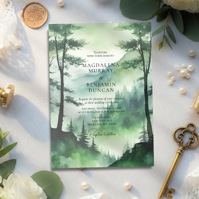 Moody Green Mountain Pine Tree Fire Forest Wedding Einladung (Von Creator hochgeladen)