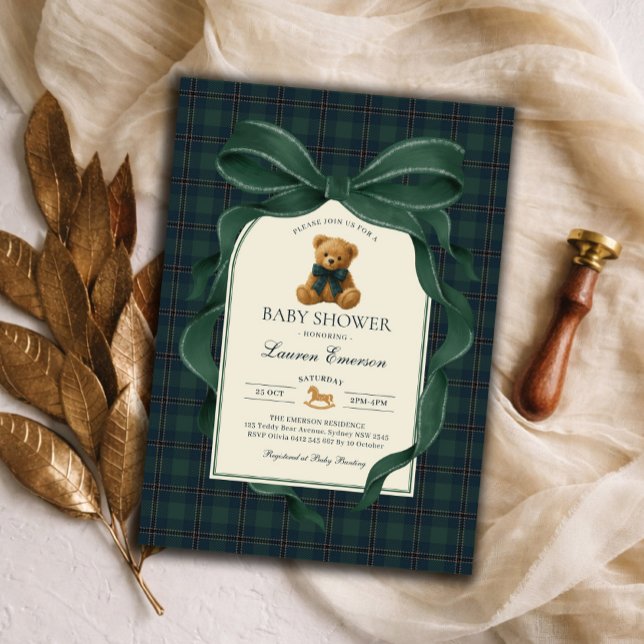 Moody Green Plaid Polo Teddy Bear Boy Baby Shower Einladung (Von Creator hochgeladen)