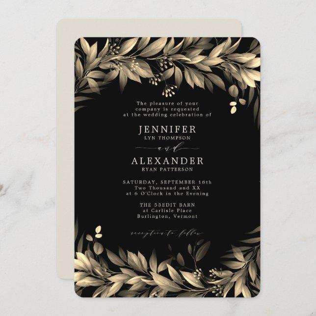 Moody Greenery Black & Beige Wedding Einladung (Vorne/Hinten)