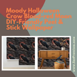 Moody Halloween Crow blutrote Mondschale und -kleb Tapete