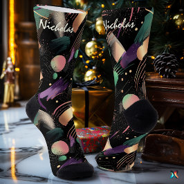 Moody Herbst Abstrakt in Pflaumen und Waldgrün Socken