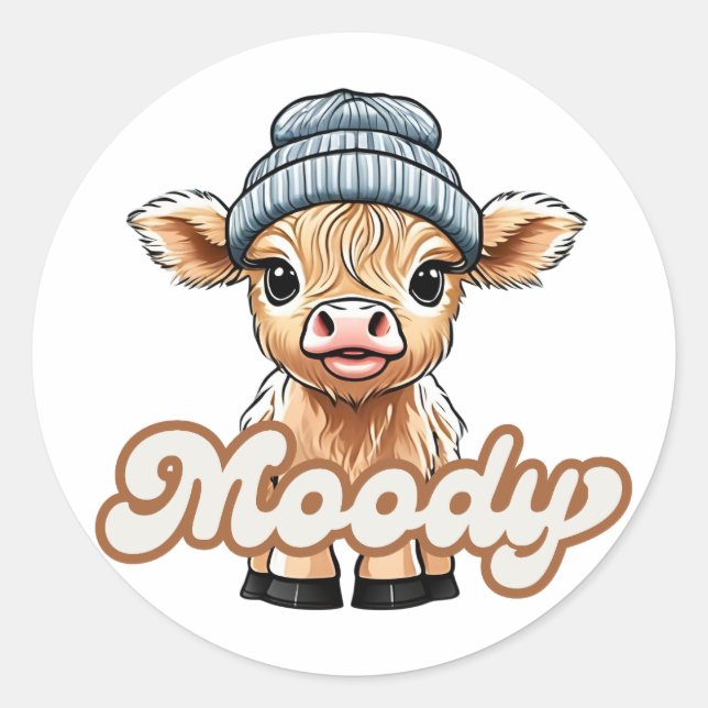 Moody Highland Cow Classic Round Sticker (Vorderseite)