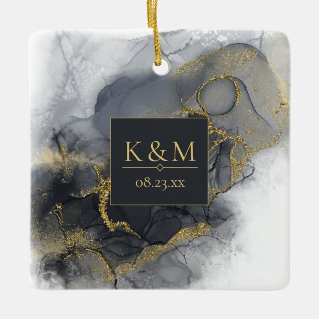 Moody Ink Charcoal Gold Abstrakt Blk ID988 Keramikornament (Vorderseite)