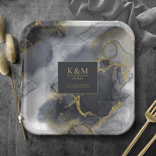 Moody Ink Charcoal Gold Abstrakt ID988 Pappteller