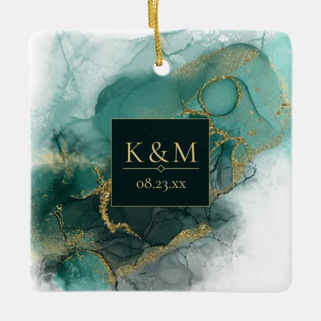 Moody Ink Emerald Gold Abstrakt Blk ID988 Keramikornament (Vorderseite)