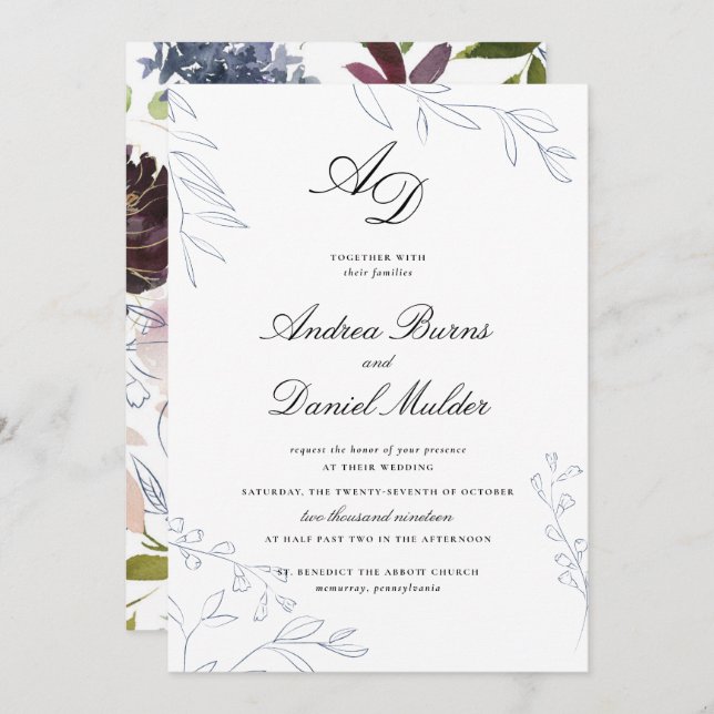 Moody Jewel Tone Floral Wedding Einladung (Vorne/Hinten)