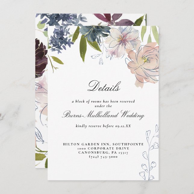 Moody Jewel Tone Floral Wedding Guest Information Einladung (Vorne/Hinten)