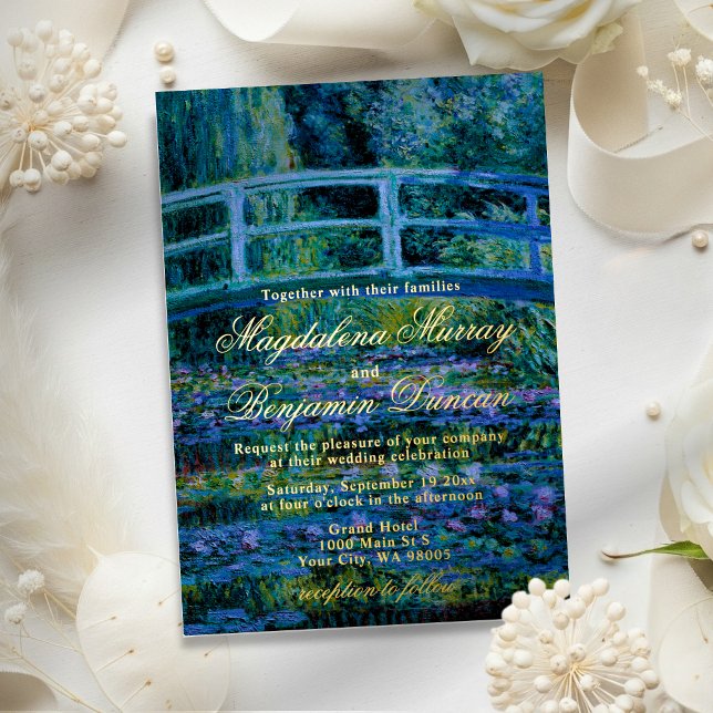 Moody Jewel Tones Monet Lily Pond Fine Art Wedding Folieneinladung (Von Creator hochgeladen)