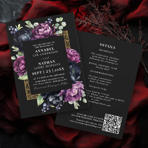 Moody Lila Black Elegant Floral Wedding QR Code Einladung
