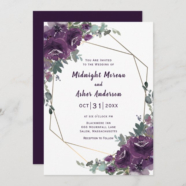 Moody Lila Blooms florale Hochzeitseinladung Einladung (Vorne/Hinten)