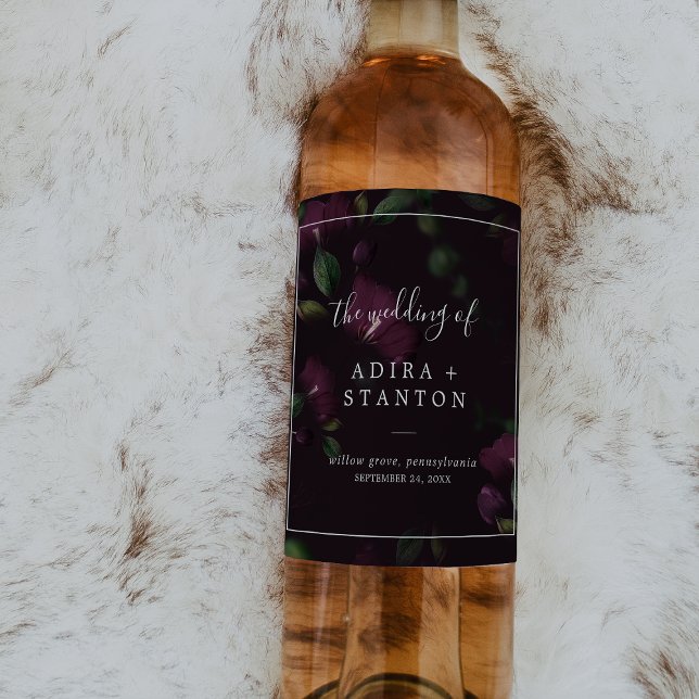 Moody Lila Blooms | Schwarze Musterhochzeit Weinetikett (Von Creator hochgeladen)