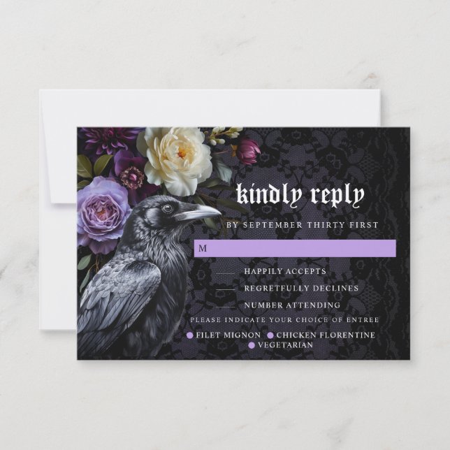 Moody Lila Gothic Garden Crow | Optionen RSVP Karte (Vorderseite)