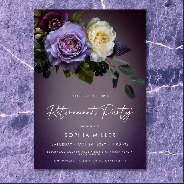 Moody Lila & Lavender Floral Retirement Party Einladung (Moody Purple & Lavender Floral Retirement Party Invitation)