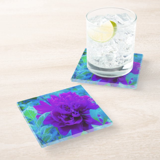 Moody Lila Peony mit Beautiful Weigela Foliage Glasuntersetzer (Schrägansicht)