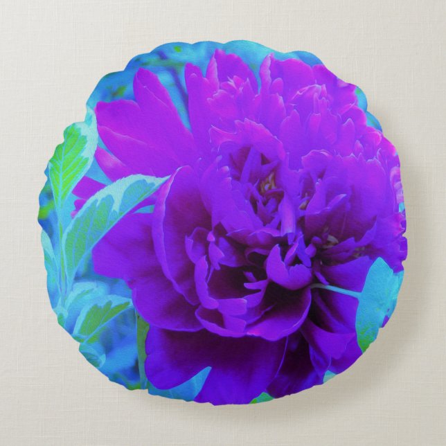 Moody Lila Peony mit schönem Foliage Rundes Kissen (Vorderseite)