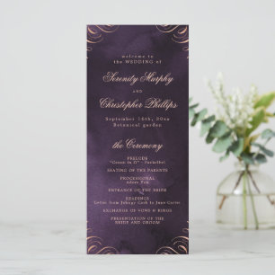 Moody lila Rose Gold Calligraphy Wedding Program Menükarte