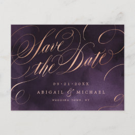 Moody lila Rose Goldkalligraphie Save the Date Ankündigungspostkarte