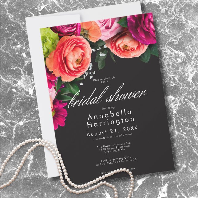 Moody Luxe Floral Vibrant Pink Black Bridal Shower Einladung (Moody Luxe Floral Vibrant Pink Black Bridal Shower Invitation)