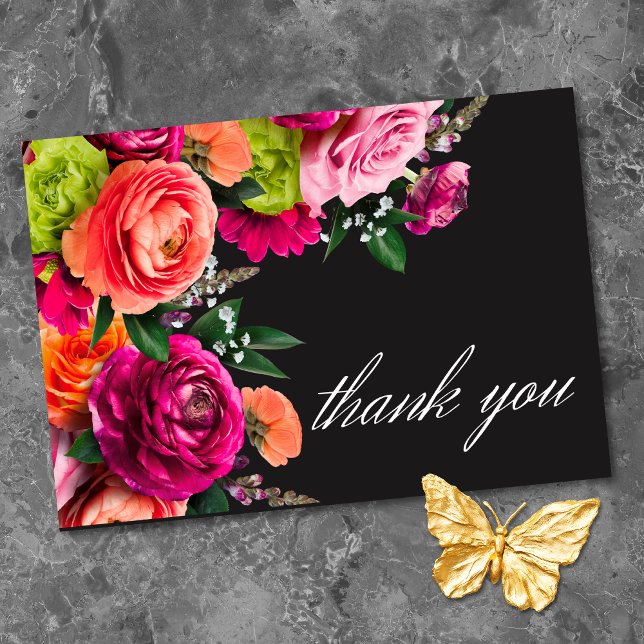 Moody Luxe Floral Vibrant Pink Black Wedding  Dankeskarte (Moody Luxe Floral Vibrant Pink Black Wedding Thank You Card)