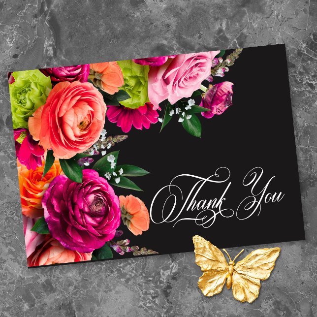 Moody Luxe Floral Vibrant Pink Black Wedding  Dankeskarte (Moody Luxe Floral Vibrant Pink Black Wedding Thank You Card)